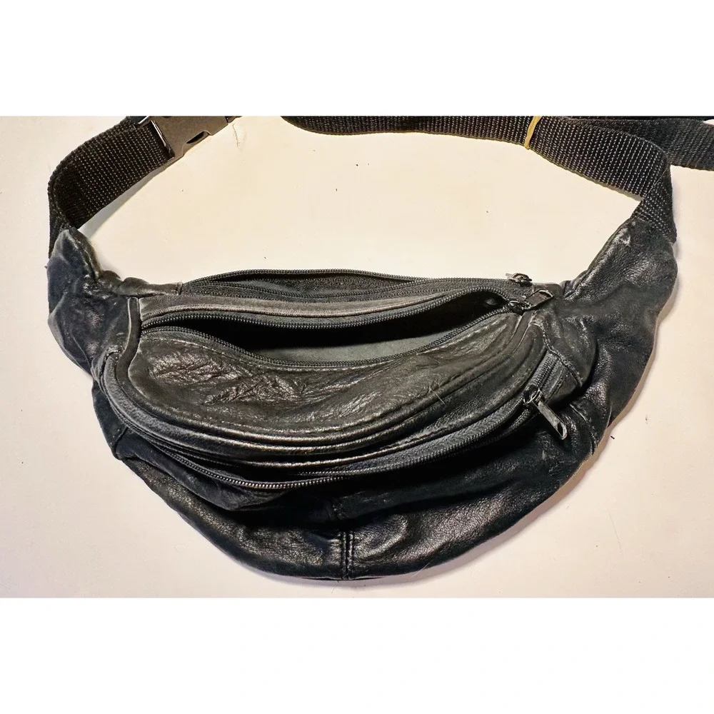 Vintage Black Leather Fanny Pack 80-90s Waist Bum Belly Bag 3 Pockets Adjustable